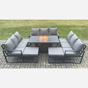 Fimous Aluminium 11 Seater Garden Furniture Outdoor Set Patio Lounge Sofa Gas Fire Pit Dining Table Set with 2 Big Footstools Dark Grey