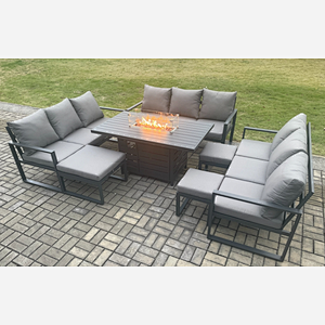 Fimous Aluminium Garden Furniture Outdoor Set Patio Lounge Sofa Gas Fire Pit Dining Table Set with 3 Footstools Dark Grey