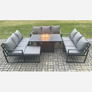 Fimous Aluminium 10 Seater Garden Furniture Outdoor Set Patio Lounge Sofa Gas Fire Pit Dining Table Set with Big Footstool Dark Grey