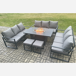 Fimous Aluminium 11 Seater Garden Furniture Outdoor Set Patio Lounge Sofa Gas Fire Pit Dining Table Set with 2 Small Footstools Dark Grey