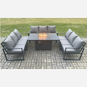 Fimous Aluminium 9 Seater Garden Furniture Outdoor Set Patio Lounge Sofa Gas Fire Pit Dining Table Set Dark Grey