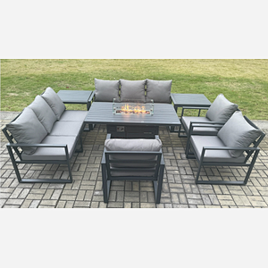 Fimous Aluminium Garden Furniture Outdoor Set Patio Lounge Sofa Gas Fire Pit Dining Table Set with 3 Armchair 2 Side Table Dark Grey