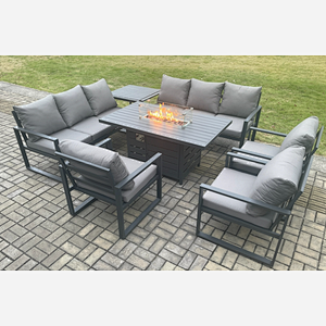 Fimous Aluminium Garden Furniture Outdoor Set Patio Lounge Sofa Gas Fire Pit Dining Table Set with 3 Armchair Side Table Dark Grey