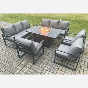 Fimous Aluminium Garden Furniture Outdoor Set Patio Lounge Sofa Gas Fire Pit Dining Table Set with 3 Armchair Dark Grey