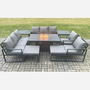 Fimous Aluminium Outdoor Garden Furniture Set Patio Lounge Sofa Gas Fire Pit Dining Table Set with 2 Side Tables 2 Big Footstools Dark Grey