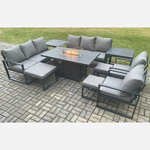 Fimous Aluminium Garden Furniture Outdoor Set Patio Lounge Sofa Gas Fire Pit Dining Table Set with 3 Footstools 2 Side Tables Dark Grey