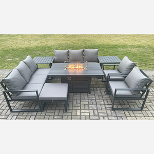 Fimous Aluminium Outdoor Garden Furniture Set Patio Lounge Sofa Gas Fire Pit Dining Table Set with Big Footstool 2 Side Tables Dark Grey