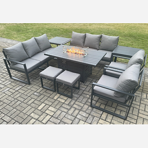 Fimous Aluminium Outdoor Garden Furniture Set Patio Lounge Sofa Gas Fire Pit Dining Table Set with 2 Small Footstools 2 Side Tables Dark Grey