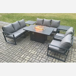 Fimous Aluminium Outdoor Garden Furniture Set Patio Lounge Sofa Gas Fire Pit Dining Table Set with 2 Side Tables Dark Grey