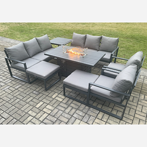Fimous Aluminium Outdoor Garden Furniture Set Patio Lounge Sofa Gas Fire Pit Dining Table Set with Side Table 2 Big Footstools Dark Grey