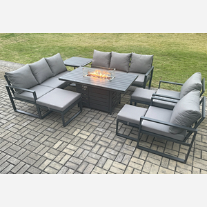 Fimous Aluminium Outdoor Garden Furniture Set Patio Lounge Sofa Gas Fire Pit Dining Table Set with 3 Footstools Side Table Dark Grey