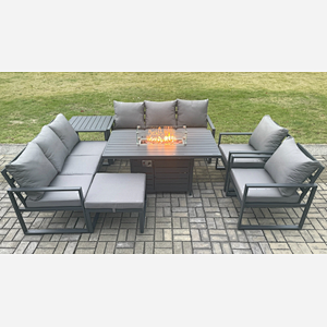 Fimous Aluminium Outdoor Garden Furniture Set Patio Lounge Sofa Gas Fire Pit Dining Table Set with Big Footstool Side Table Dark Grey