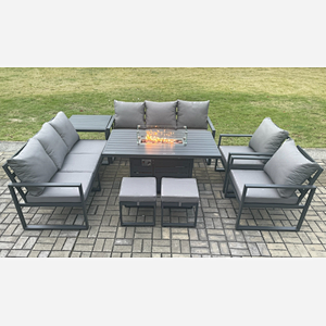 Fimous Aluminium Outdoor Garden Furniture Set Patio Lounge Sofa Gas Fire Pit Dining Table Set with 2 Small Footstools Side Table Dark Grey