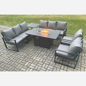 Fimous Aluminium 6 Pieces Garden Furniture Sofa Set with Cushions 8 Seater Gas Fire Pit Dining Table Set with Side Table Dark Grey