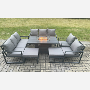 Fimous Aluminium Outdoor Garden Furniture Set Patio Lounge Sofa Gas Fire Pit Dining Table Set with 2 Big Footstools Dark Grey