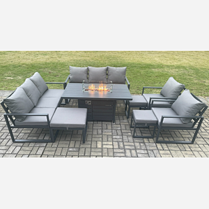 Fimous Aluminium Outdoor Garden Furniture Set Patio Lounge Sofa Gas Fire Pit Dining Table Set with 3 Footstools Dark Grey