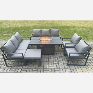 Fimous Aluminium Outdoor Garden Furniture Set Patio Lounge Sofa Gas Fire Pit Dining Table Set with Big Footstool Dark Grey