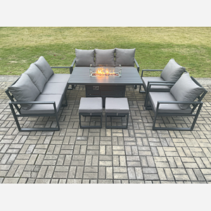 Fimous Aluminium Outdoor Garden Furniture Set Patio Lounge Sofa Gas Fire Pit Dining Table Set with 2 Small Footstools Dark Grey