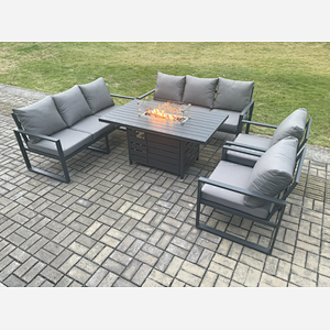 Fimous Aluminium 5 Pieces Garden Furniture Sofa Set with Cushions 8 Seater Gas Fire Pit Dining Table Set Dark Grey