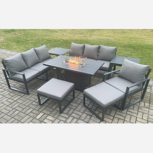 Fimous Aluminium 8 Pieces Garden Furniture Sofa Set with Cushions 9 Seater Gas Fire Pit Dining Table Set with 2 Side Tables 2 Big Footstools Dark Grey