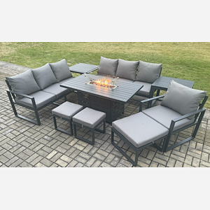 Fimous Aluminium 9 Pieces Garden Furniture Sofa Set with Cushions 10 Seater Gas Fire Pit Dining Table Set with 2 Side Tables 3 Footstools Dark Grey