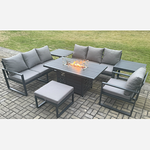 Fimous Aluminium 7 Pieces Garden Furniture Sofa Set with Cushions 8 Seater Gas Fire Pit Dining Table Set with 2 Side Tables Big Footstool Dark Grey