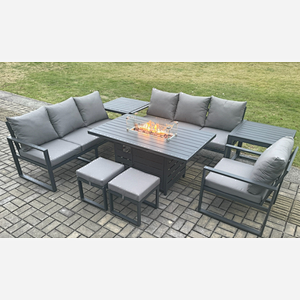 Fimous Aluminium 8 Pieces Garden Furniture Sofa Set with Cushions 9 Seater Gas Fire Pit Dining Table Set with 2 Side Tables 2 Small Footstools Dark Grey
