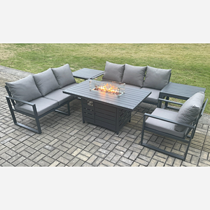 Fimous Aluminium Outdoor Lounge Sofa Garden Furniture Sets Gas Fire Pit Dining Table Set with 2 Side Tables Dark Grey