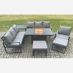 Fimous Aluminium 7 Pieces Garden Furniture Sofa Set with Cushions 9 Seater Gas Fire Pit Dining Table Set with Side Table 2 Big Footstools Dark Grey