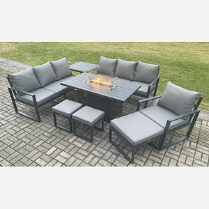 Fimous Aluminium 8 Pieces Garden Furniture Sofa Set with Cushions 10 Seater Gas Fire Pit Dining Table Set with Side Table 3 Footstools Dark Grey