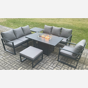 Fimous Aluminium 6 Pieces Garden Furniture Sofa Set with Cushions 8 Seater Gas Fire Pit Dining Table Set with Side Table Big Footstool Dark Grey