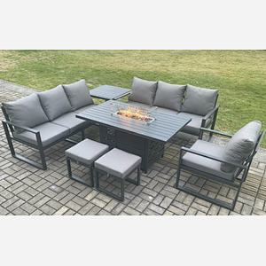 Fimous Aluminium 7 Pieces Garden Furniture Sofa Set with Cushions 9 Seater Gas Fire Pit Dining Table Set with Side Table 2 Small Footstools Dark Grey