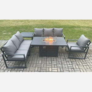 Fimous Aluminium Outdoor Lounge Sofa Garden Furniture Sets Gas Fire Pit Dining Table Set with Side Table Dark Grey