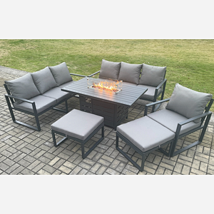 Fimous Aluminium 6 Pieces Garden Furniture Sofa Set with Cushions 9 Seater Gas Fire Pit Dining Table Set with 2 Big Footstools Dark Grey