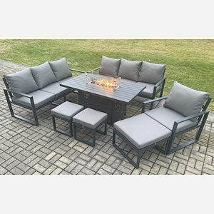 Fimous Aluminium 7 Pieces Garden Furniture Sofa Set with Cushions 10 Seater Gas Fire Pit Dining Table Set with 3 Footstools Dark Grey