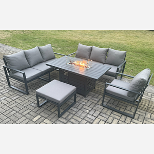 Fimous Aluminium Outdoor Lounge Sofa Garden Furniture Sets Gas Fire Pit Dining Table Set with Arm Chair Big Footstool Dark Grey