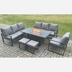 Fimous Aluminium 6 Pieces Garden Furniture Sofa Set with Cushions 9 Seater Gas Fire Pit Dining Table Set with 2 Small Footstools Dark Grey
