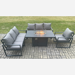 Fimous Aluminium Outdoor Lounge Sofa Garden Furniture Sets Gas Fire Pit Dining Table Set Dark Grey