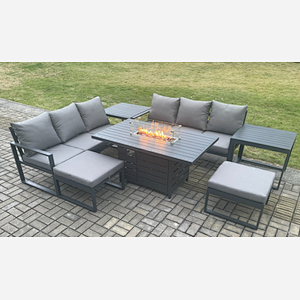 Fimous Aluminium Outdoor Lounge Sofa Garden Furniture Sets Gas Fire Pit Dining Table Set with 2 Big Footstools 2 Side Tables Dark Grey
