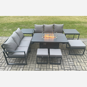 Fimous Aluminium Outdoor Lounge Sofa Garden Furniture Sets Gas Fire Pit Dining Table Set with 3 Footstools 2 Side Tables Dark Grey
