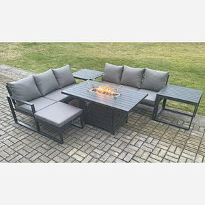 Fimous Aluminium 7 Seater Outdoor Garden Furniture Lounge Sofa Set Gas Fire Pit Dining Table with Big Footstool 2 Side Tables Dark Grey