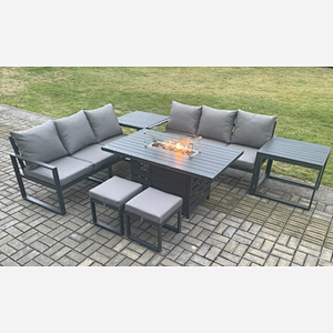 Fimous Aluminium 8 Seater Outdoor Garden Furniture Lounge Sofa Set Gas Fire Pit Dining Table with 2 Small Footstools 2 Side Tables Dark Grey