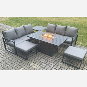 Fimous Aluminium Outdoor Lounge Sofa Garden Furniture Sets Gas Fire Pit Dining Table Set with 2 Big Footstools Side Table Dark Grey
