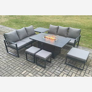 Fimous Aluminium Outdoor Lounge Sofa Garden Furniture Sets Gas Fire Pit Dining Table Set with 3 Footstools Side Table Dark Grey
