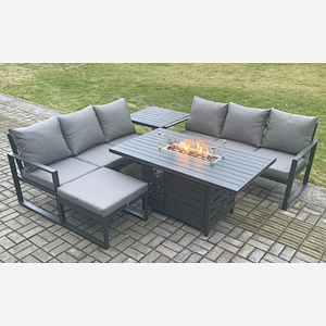 Fimous Aluminium 7 Seater Outdoor Garden Furniture Lounge Sofa Set Gas Fire Pit Dining Table with Big Footstool Side Table Dark Grey