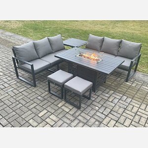 Fimous Aluminium 8 Seater Outdoor Garden Furniture Lounge Sofa Set Gas Fire Pit Dining Table with 2 Small Footstools Side Table Dark Grey