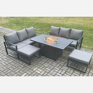 Fimous Aluminium 8 Seater Outdoor Garden Furniture Lounge Sofa Set Gas Fire Pit Dining Table with 2 Big Footstools Dark Grey