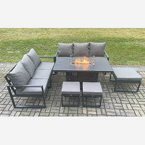 Fimous Aluminium Outdoor Lounge Sofa Garden Furniture Sets Gas Fire Pit Dining Table Set with 3 Footstools Dark Grey