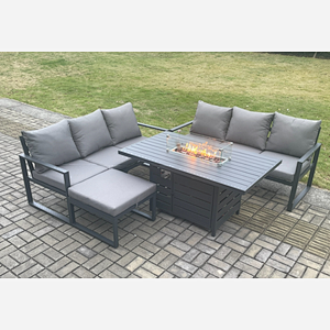 Fimous Aluminium 7 Seater Outdoor Garden Furniture Lounge Sofa Set Gas Fire Pit Dining Table with Big Footstool Dark Grey
