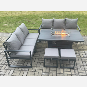 Fimous Aluminium 8 Seater Outdoor Garden Furniture Lounge Sofa Set Gas Fire Pit Dining Table with 2 Small Footstools Dark Grey